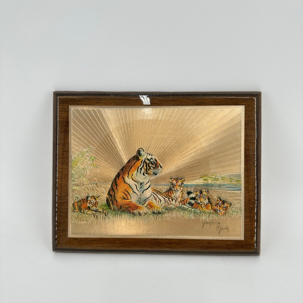 Josephine Marsh Tiger Family Foil Art Plaque Vintage Wood Mounted Wall Decor